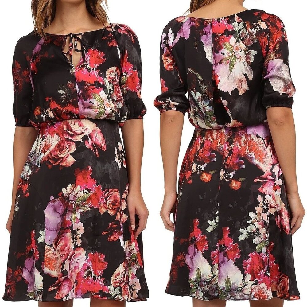 Adrianna Papell Floral Print Black Multicolor Midi Dress Size 8